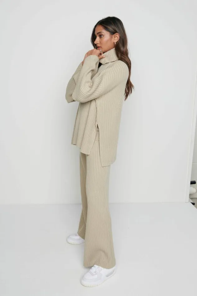 Pretty Lavish Bottoms Lina Ribbed Trousers Stone Beige 8211 Women