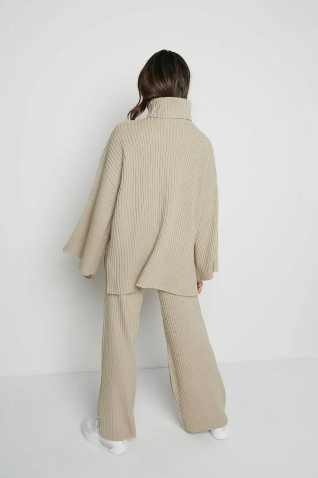 Pretty Lavish Bottoms Lina Ribbed Trousers Stone Beige 8211 Women