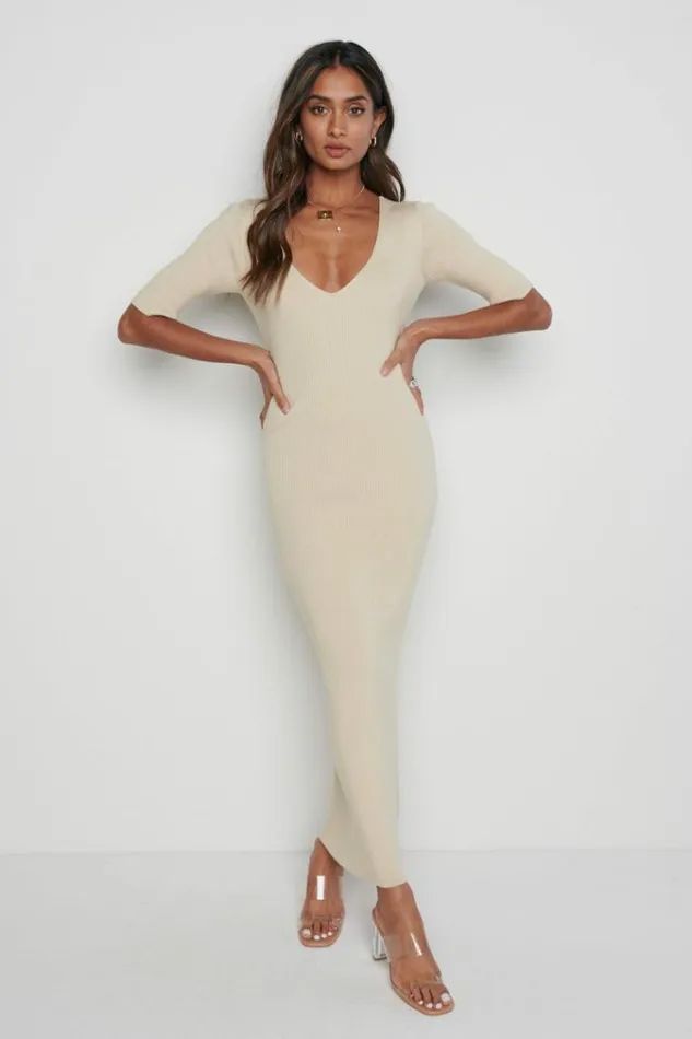 Pretty Lavish Curve Lara Ribbed Midi Dress Beige 8211 Women