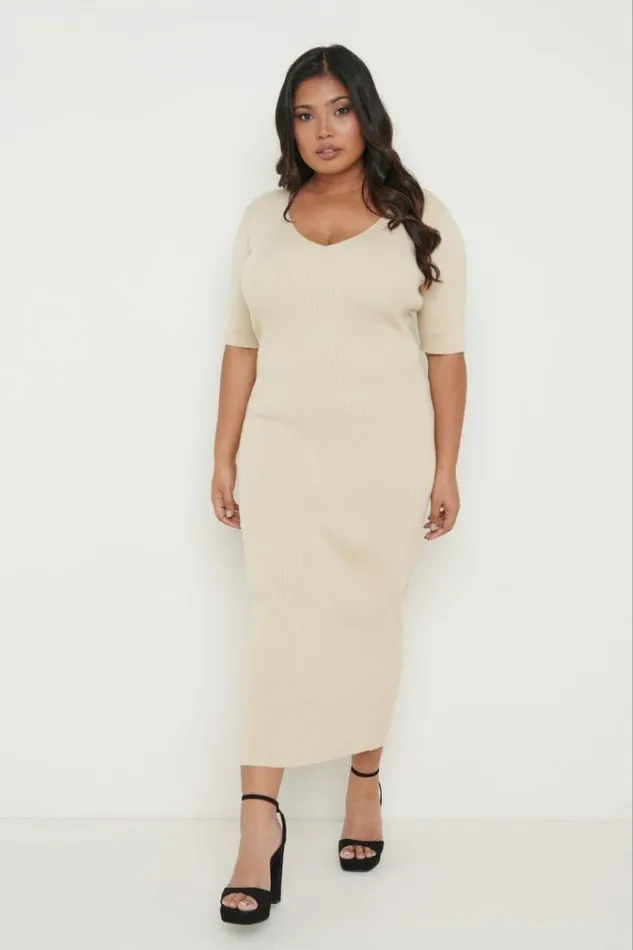 Pretty Lavish Curve Lara Ribbed Midi Dress Beige 8211 Women