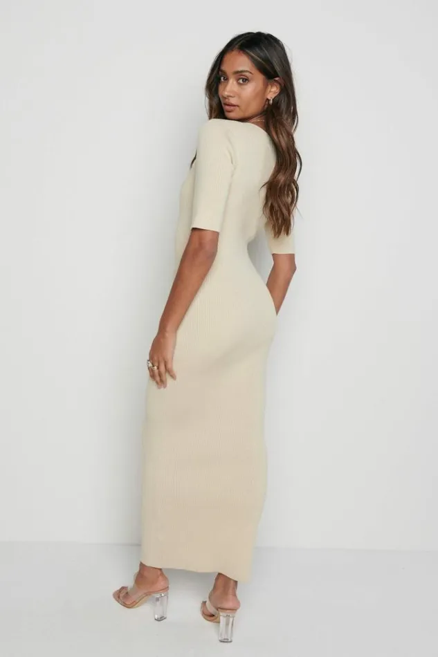Pretty Lavish Curve Lara Ribbed Midi Dress Beige 8211 Women