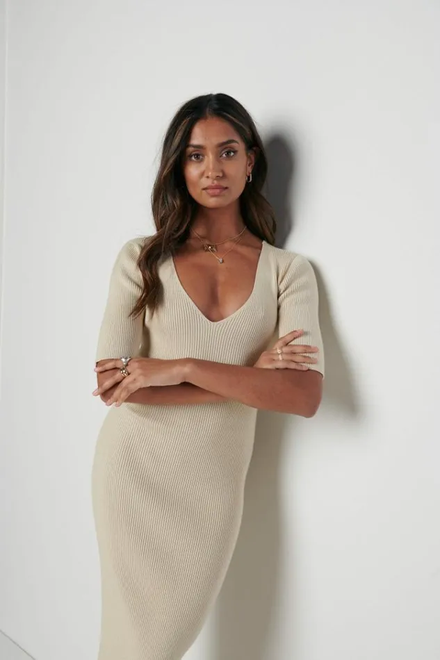 Pretty Lavish Curve Lara Ribbed Midi Dress Beige 8211 Women