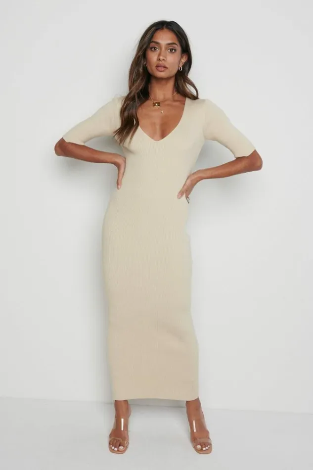 Pretty Lavish Curve Lara Ribbed Midi Dress Beige 8211 Women