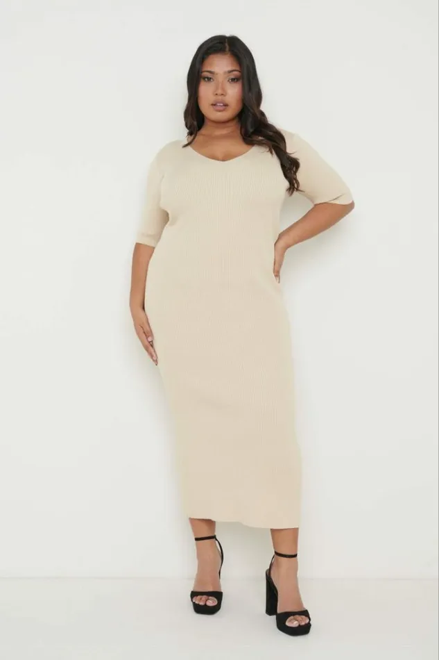 Pretty Lavish Curve Lara Ribbed Midi Dress Beige 8211 Women