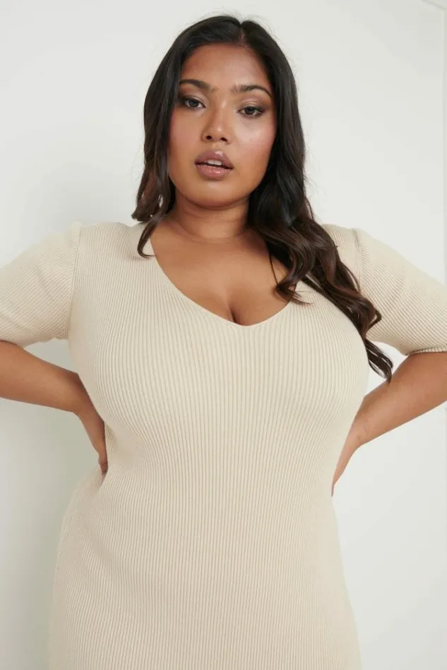 Pretty Lavish Curve Lara Ribbed Midi Dress Beige 8211 Women
