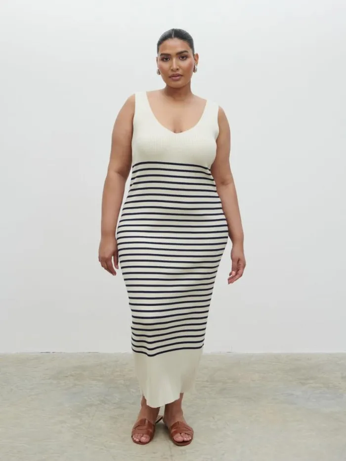 Pretty Lavish Curve Maria Stripe Knit Midaxi Dress Curve Cream And Navy Stripe 8211 Women