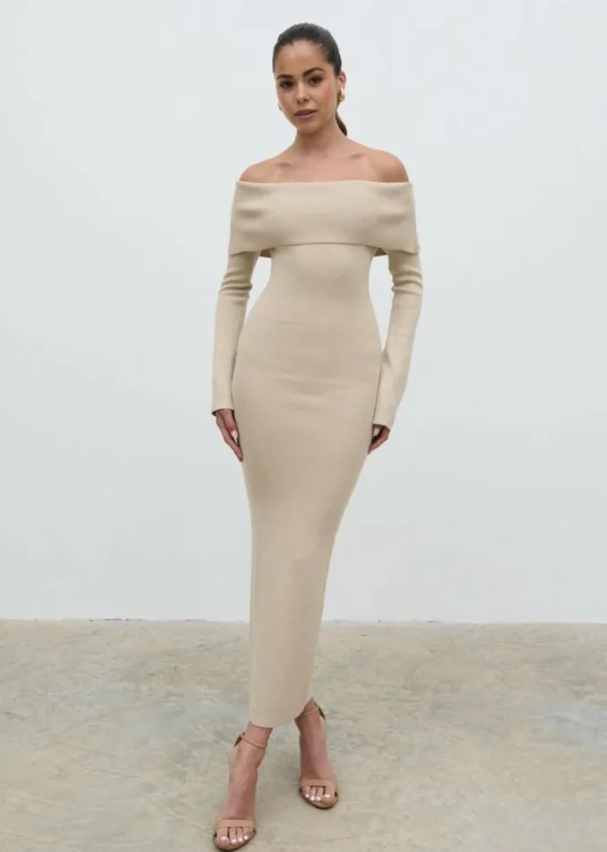 Pretty Lavish Curve Soreya Bardot Knit Dress Beige 8211 Women
