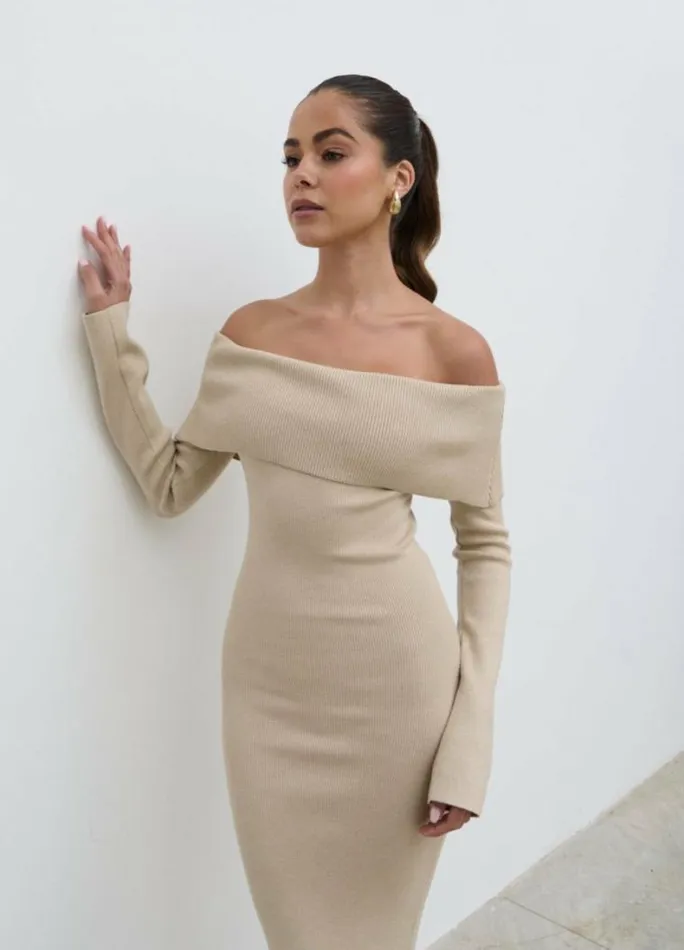Pretty Lavish Curve Soreya Bardot Knit Dress Beige 8211 Women