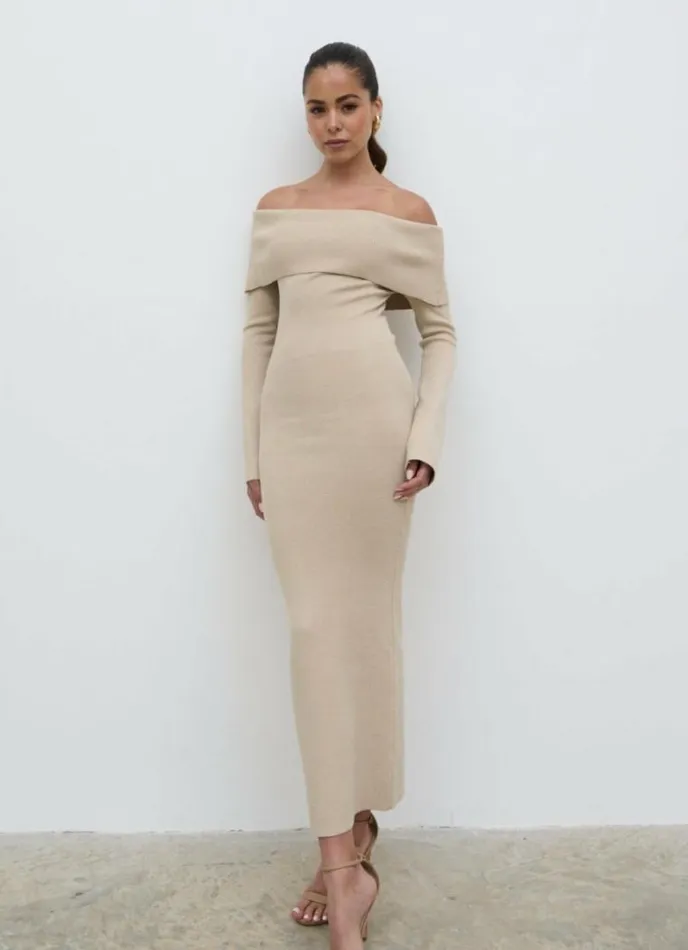 Pretty Lavish Curve Soreya Bardot Knit Dress Beige 8211 Women