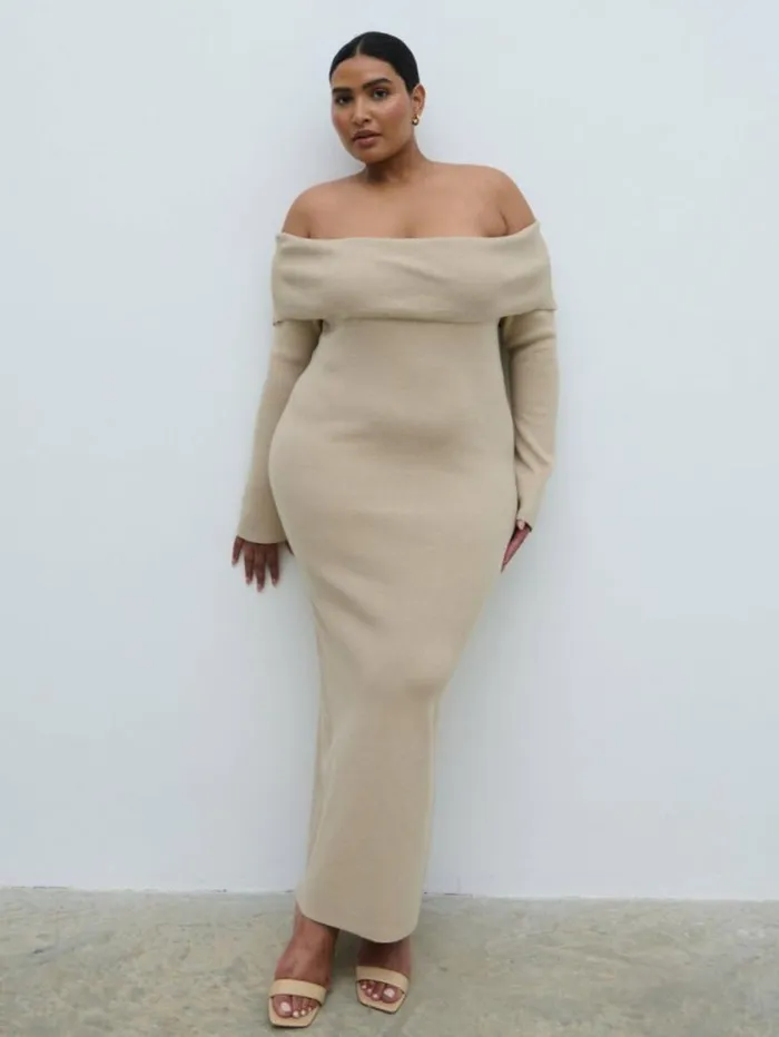 Pretty Lavish Curve Soreya Bardot Knit Dress Beige 8211 Women