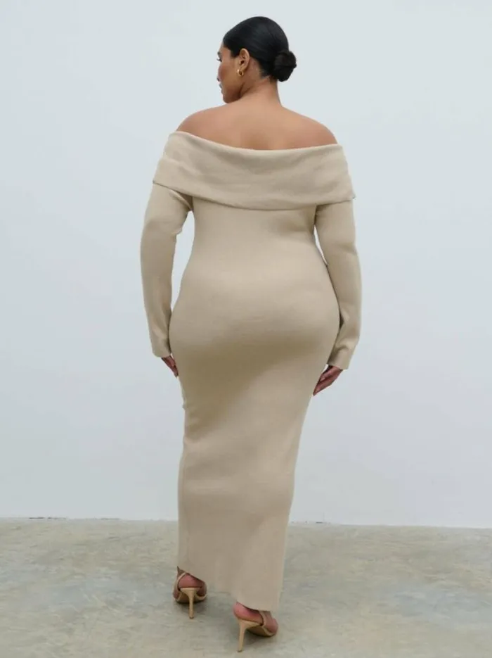 Pretty Lavish Curve Soreya Bardot Knit Dress Beige 8211 Women