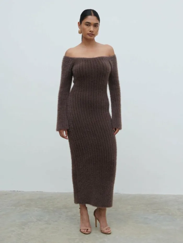 Pretty Lavish Dresses Alora Fluffy Knit Midaxi Dress Brown 8211 Women