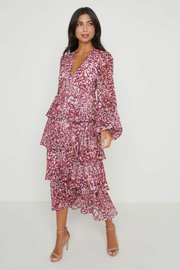 Pretty Lavish Dresses Ashton Ruffle Midi Dress Coral Abstract 8211 Women
