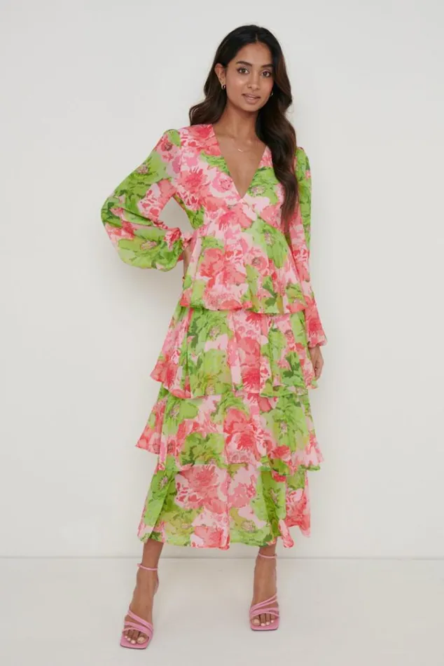 Pretty Lavish Dresses Ashton Ruffle Midi Dress Patchwork Floral 8211 Women