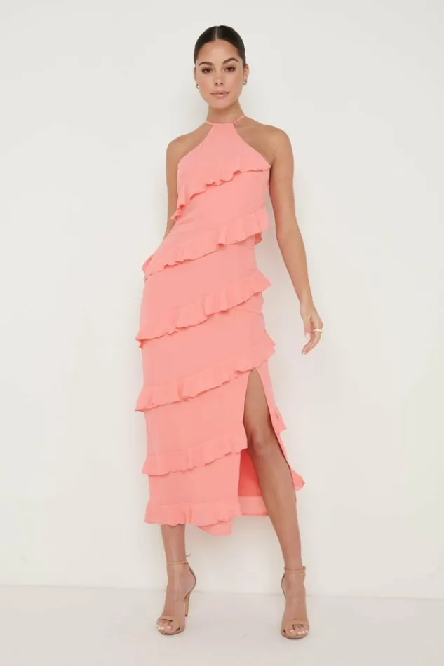 Pretty Lavish Dresses Katy Ruffle Midaxi Dress Coral 8211 Women