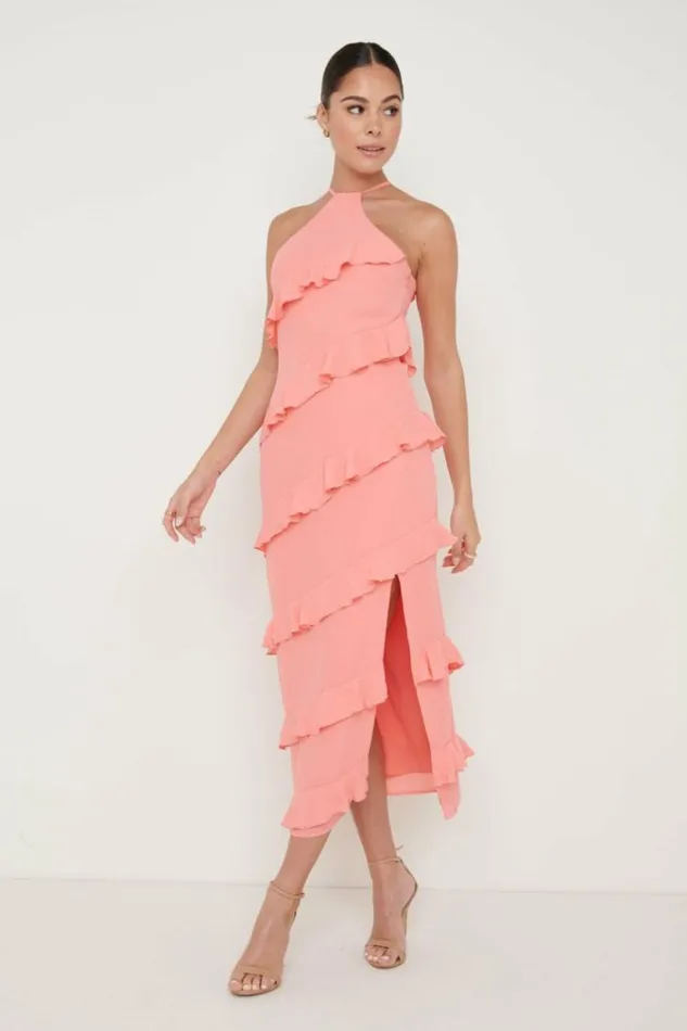 Pretty Lavish Dresses Katy Ruffle Midaxi Dress Coral 8211 Women