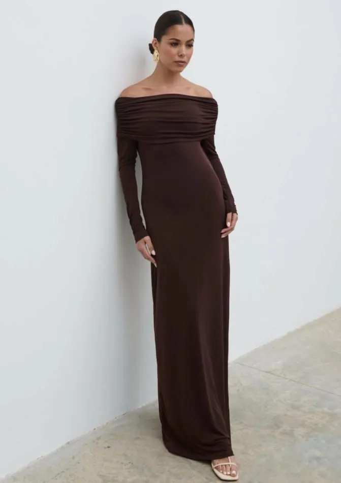 Pretty Lavish Dresses Perrie Bardot Jersey Maxi Dress Brown 8211 Women