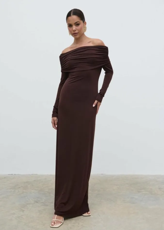 Pretty Lavish Dresses Perrie Bardot Jersey Maxi Dress Brown 8211 Women