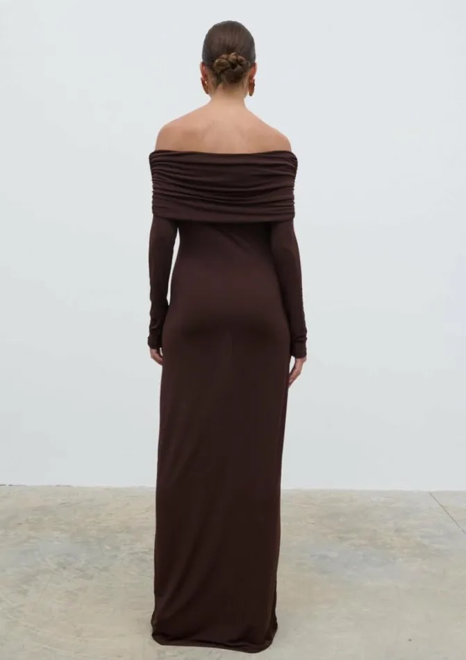 Pretty Lavish Dresses Perrie Bardot Jersey Maxi Dress Brown 8211 Women