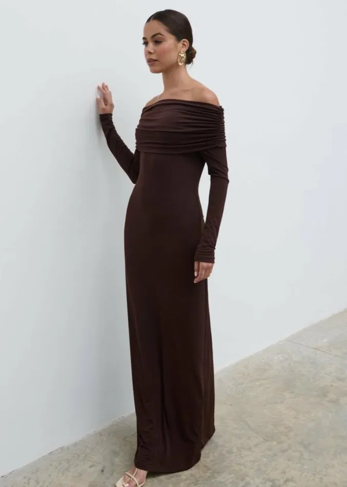 Pretty Lavish Dresses Perrie Bardot Jersey Maxi Dress Brown 8211 Women