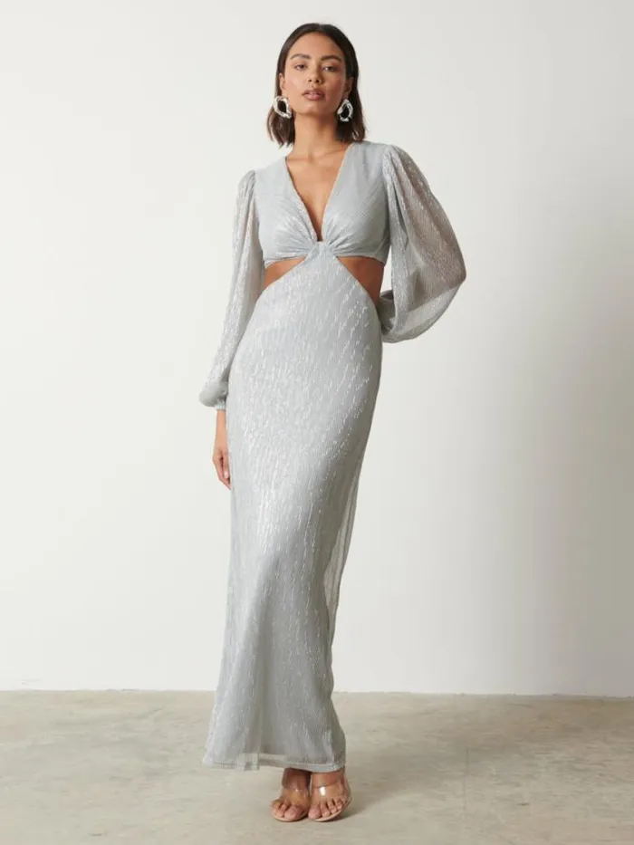 Pretty Lavish Dresses Zaya Plisse Metallic Maxi Dress Silver 8211 Women