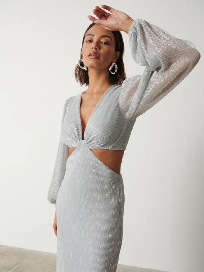 Pretty Lavish Dresses Zaya Plisse Metallic Maxi Dress Silver 8211 Women