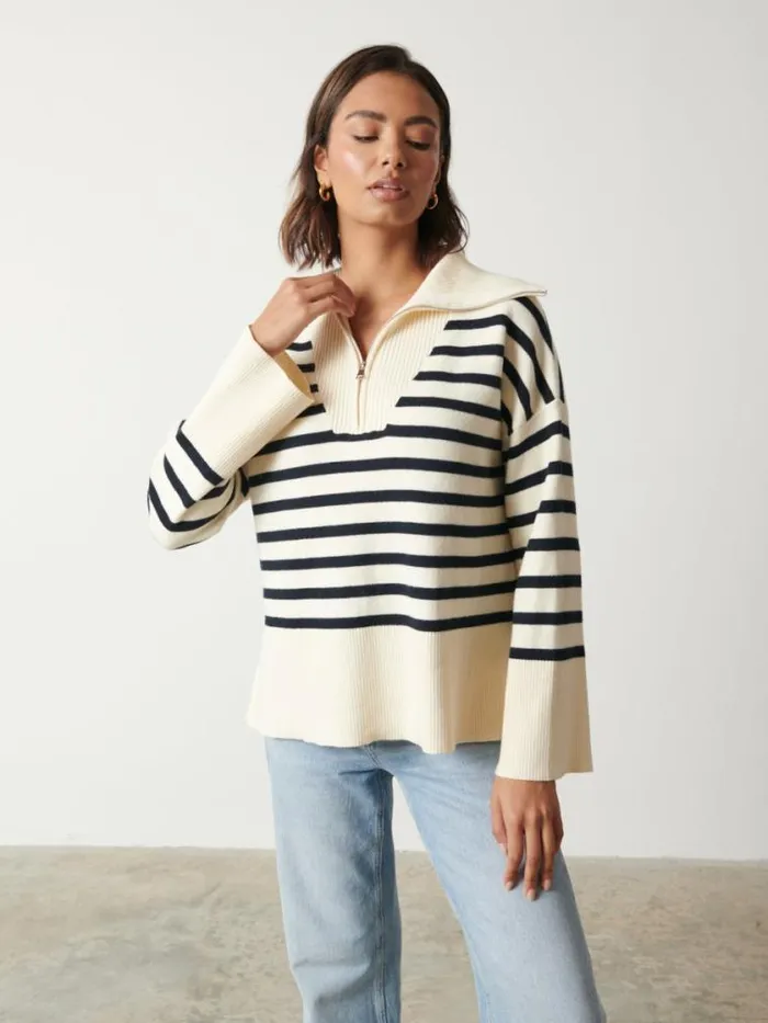 Pretty Lavish Knitwear Jayden Funnel Neck Zip Jumper Cream And Navy Stripe 8211 Women