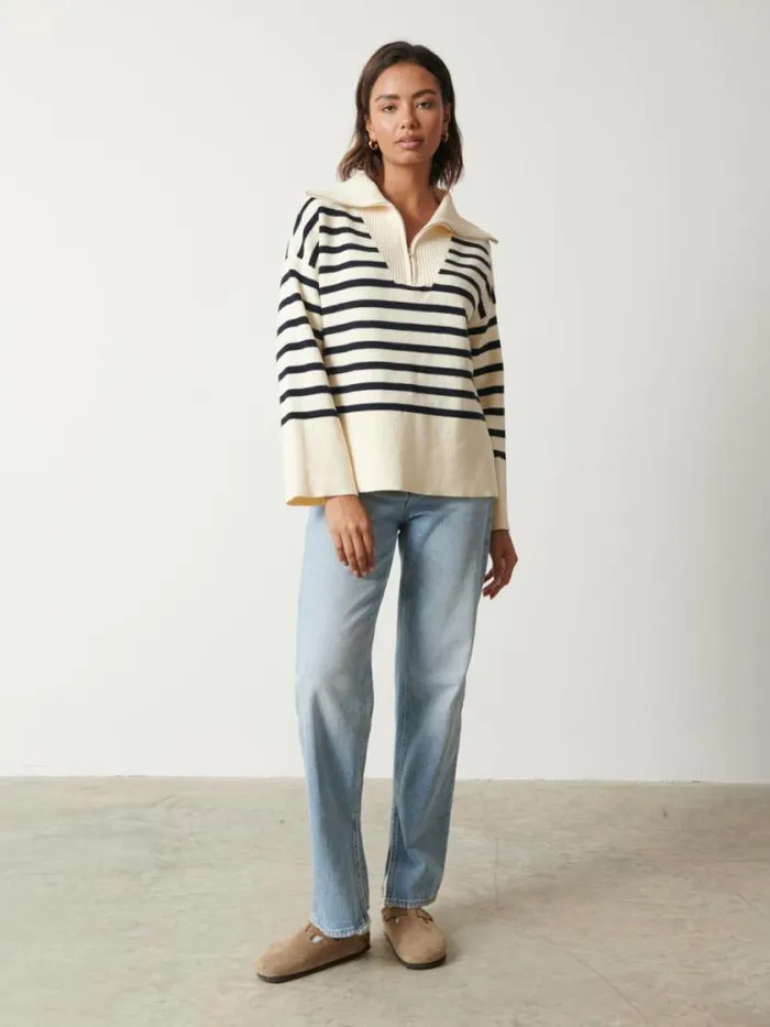 Pretty Lavish Knitwear Jayden Funnel Neck Zip Jumper Cream And Navy Stripe 8211 Women