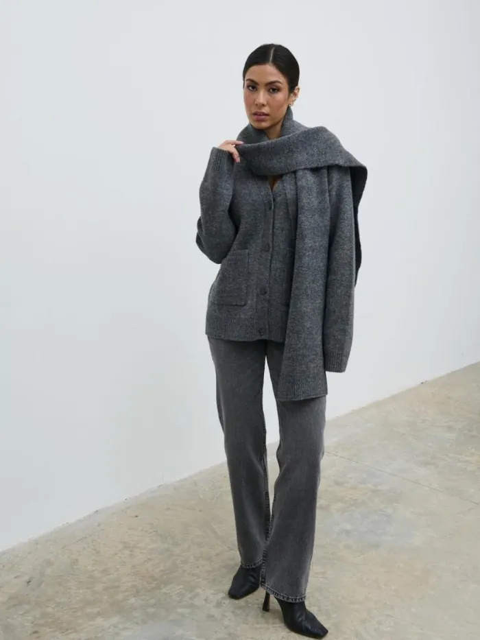 Pretty Lavish Knitwear Murphy Cardigan Knit Scarf Set Grey 8211 Women