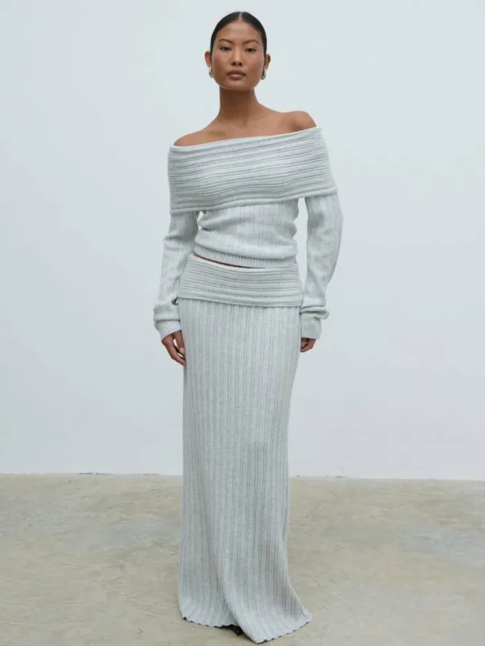 Pretty Lavish Knitwear Petra Bardot Cosy Rib Knit Jumper Grey 8211 Women