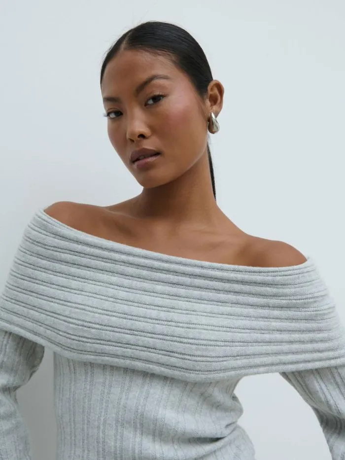 Pretty Lavish Knitwear Petra Bardot Cosy Rib Knit Jumper Grey 8211 Women