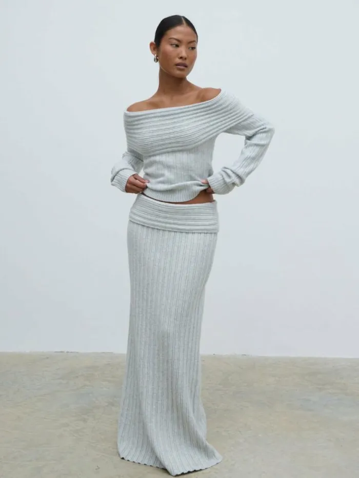 Pretty Lavish Knitwear Petra Bardot Cosy Rib Knit Jumper Grey 8211 Women