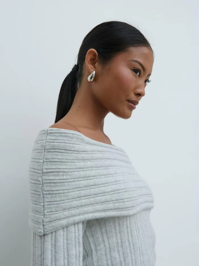 Pretty Lavish Knitwear Petra Bardot Cosy Rib Knit Jumper Grey 8211 Women