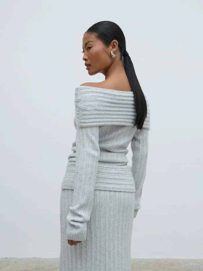 Pretty Lavish Knitwear Petra Bardot Cosy Rib Knit Jumper Grey 8211 Women