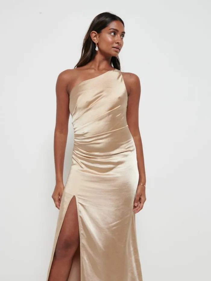 Pretty Lavish Satin Bridesmaid Dresses Amelia Ruched Maxi Bridesmaid Dress Bronze 8211 Women