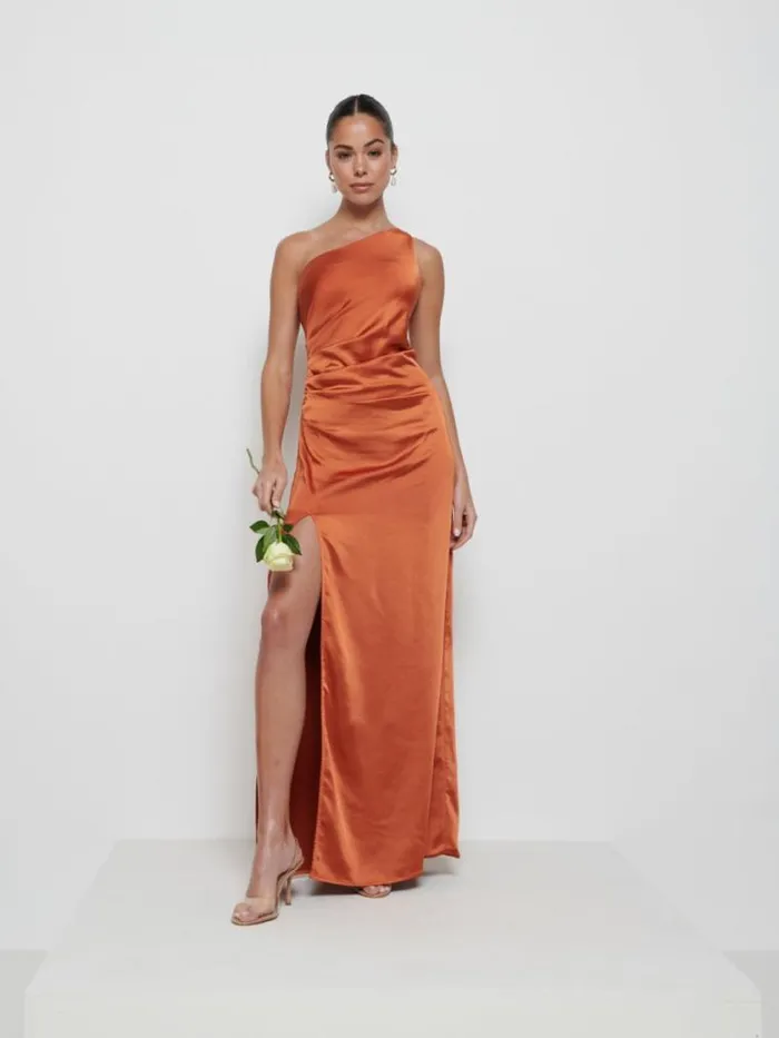 Pretty Lavish Satin Bridesmaid Dresses Amelia Ruched Maxi Bridesmaid Dress Copper 8211 Women