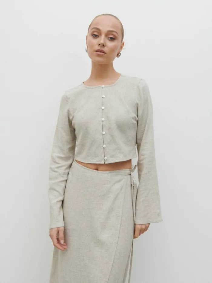 Pretty Lavish Tops Abigail Button Front Linen Blouse Beige 8211 Women