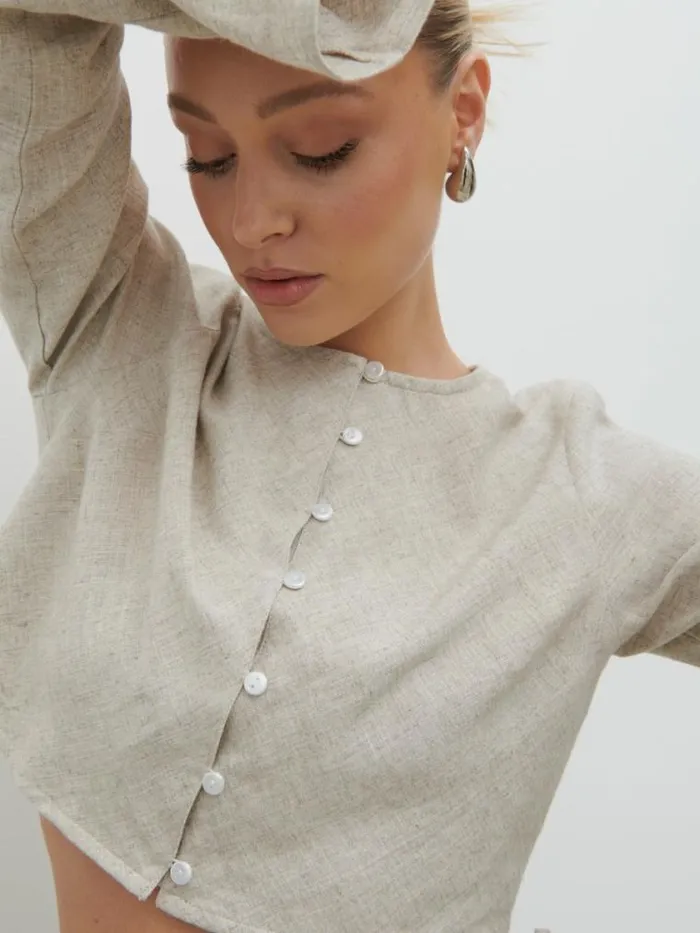 Pretty Lavish Tops Abigail Button Front Linen Blouse Beige 8211 Women