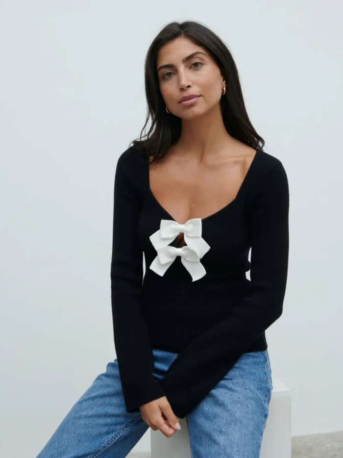 Pretty Lavish Tops Annabeth Bow Knit Top Black 8211 Women
