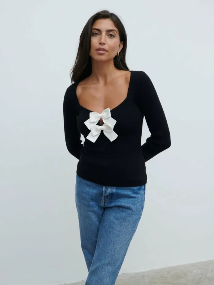 Pretty Lavish Tops Annabeth Bow Knit Top Black 8211 Women