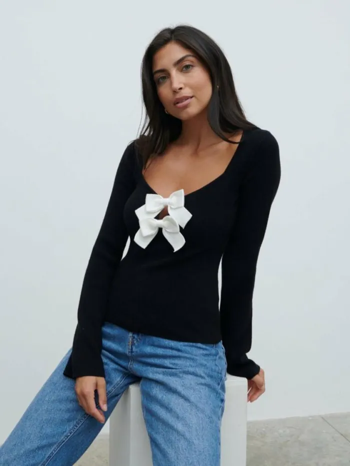 Pretty Lavish Tops Annabeth Bow Knit Top Black 8211 Women