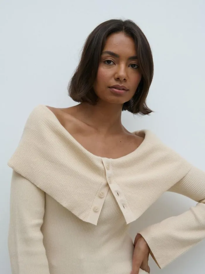 Pretty Lavish Tops Elora Bardot Button Front Knit Top Beige 8211 Women