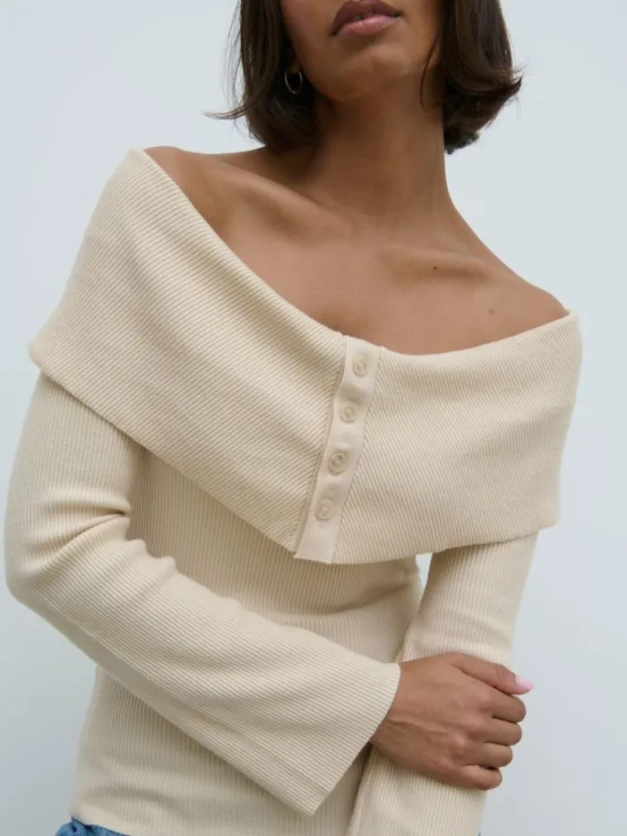 Pretty Lavish Tops Elora Bardot Button Front Knit Top Beige 8211 Women