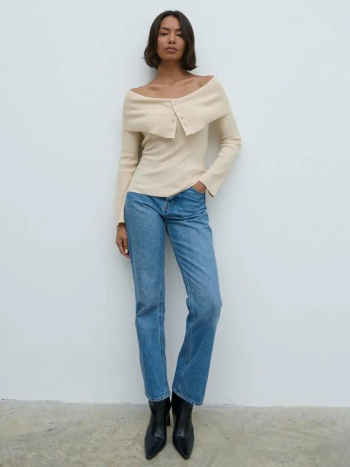 Pretty Lavish Tops Elora Bardot Button Front Knit Top Beige 8211 Women