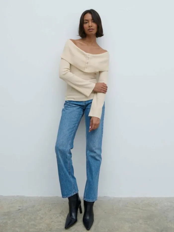 Pretty Lavish Tops Elora Bardot Button Front Knit Top Beige 8211 Women