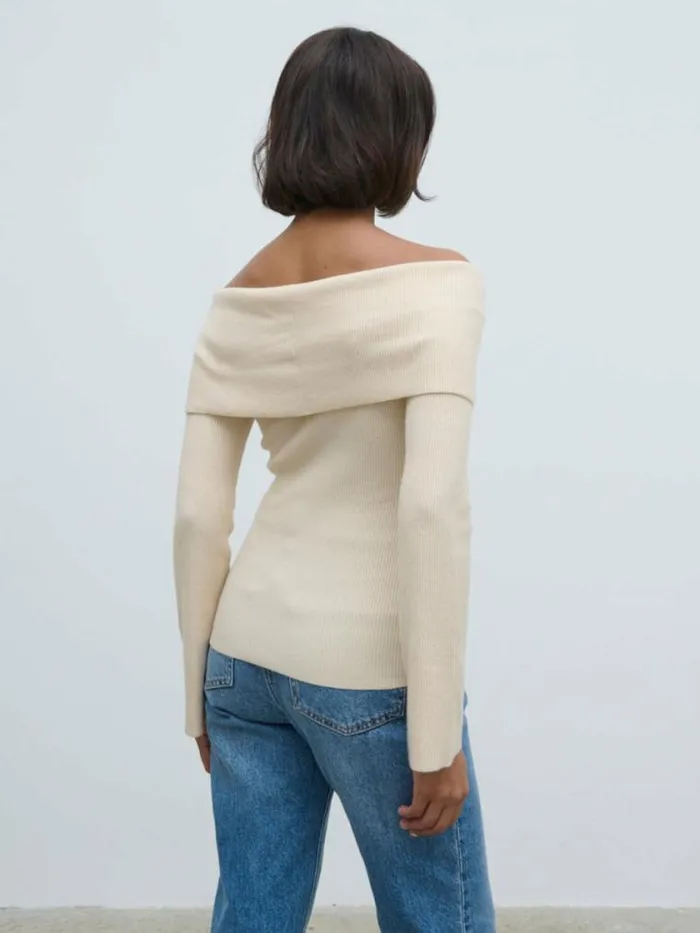 Pretty Lavish Tops Elora Bardot Button Front Knit Top Beige 8211 Women