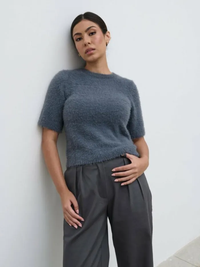 Pretty Lavish Tops Kelly Cropped Fluffy Knit TShirt Grey 8211 Women
