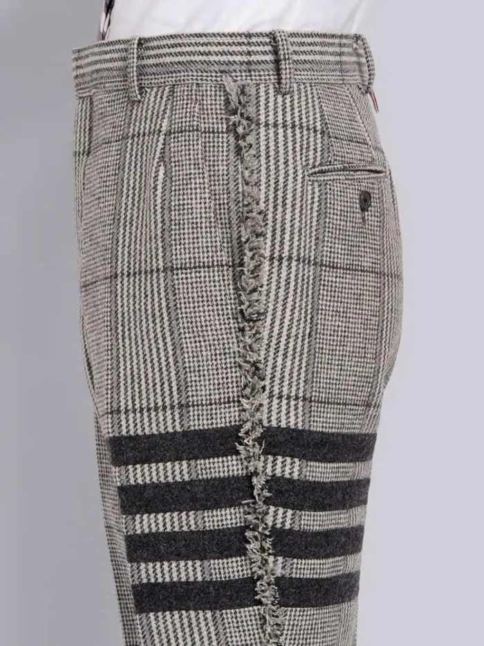Prince Of Wales Oversize Check Wool Hunting Tweed Frayed Unconstructed 4bar Chino Trouser Light Grey Men Thom Browne Trousers