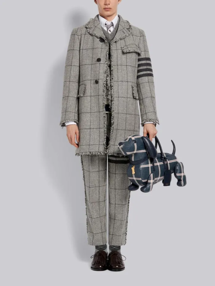 Prince Of Wales Oversize Check Wool Hunting Tweed Frayed Unconstructed 4bar Chino Trouser Light Grey Men Thom Browne Trousers