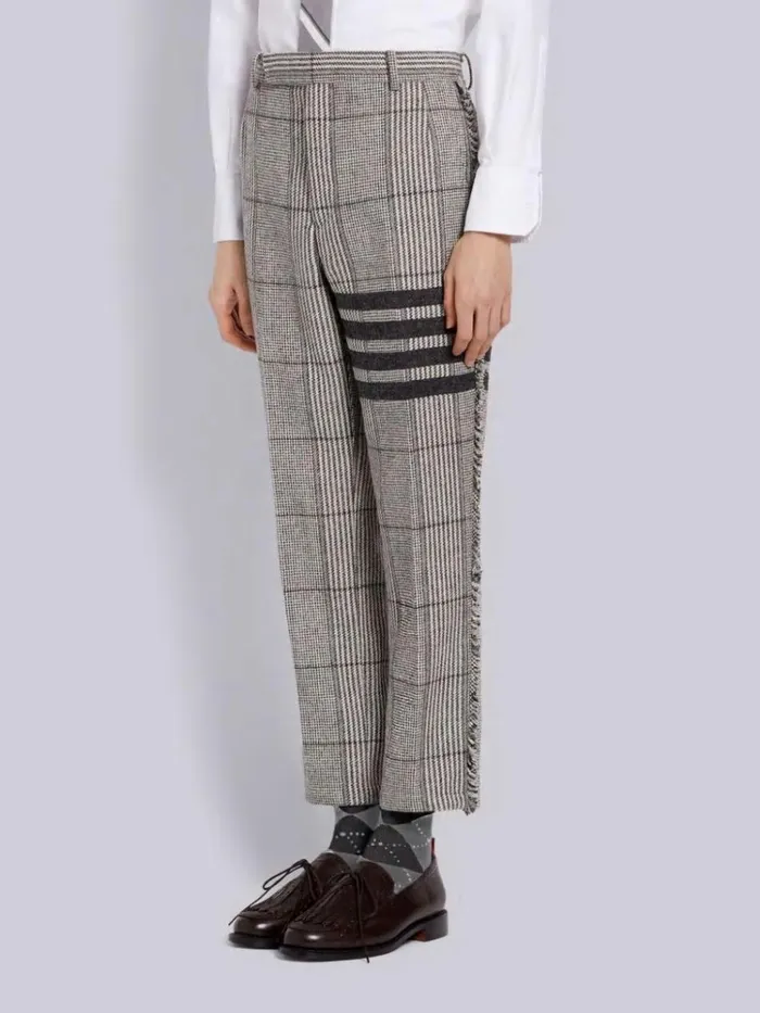 Prince Of Wales Oversize Check Wool Hunting Tweed Frayed Unconstructed 4bar Chino Trouser Light Grey Men Thom Browne Trousers